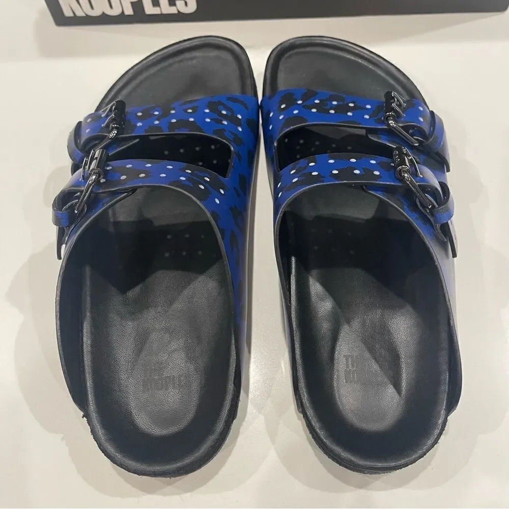 THE KOOPLES BLUE LEATHER LEOPARD-PRINT SANDALS NIB size 41